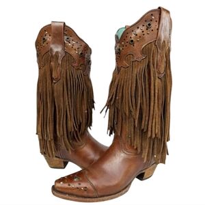 Corral Brown Leather Fringe Western Heeled Boots